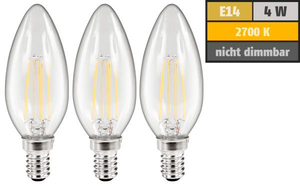 LED Filament Set McShine, 3x Kerzenlampe, E14, 4W, 360lm, warmweiß, klar