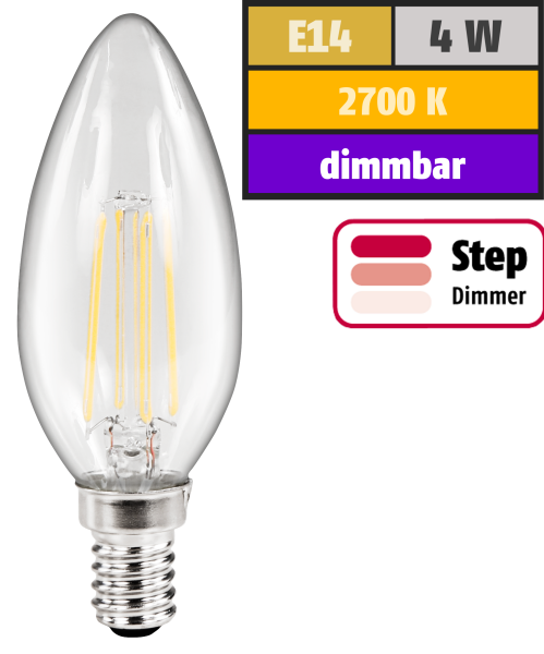 LED Filament Kerzenlampe McShine Filed, E14, 4W, 440lm, warmweiß, step-dimmbar