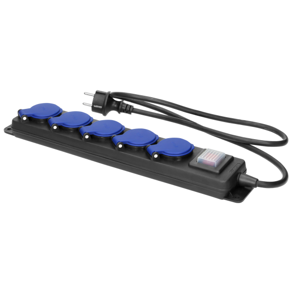 Netzkabel Schutzkontakt-Verlängerung, 5-fach, 5m, 3x1,5mm²,  IP44, schwarz,