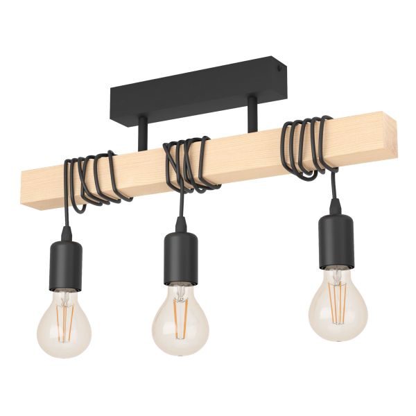 Deckenleuchte EGLO Townshend, 3-flammig, Holz/schwarz, E27, 55x10,5x26,5cm
