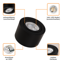 LED-Aufbauleuchte McShine, 5W, 400Lumen, 3000K, ØxH 80x50mm, schwarz