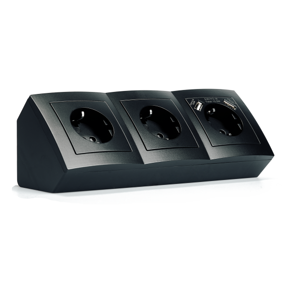 Steckdosenblock McPower Flair Aufbau, matt schwarz, 3-fach Schutzkontakt + USB